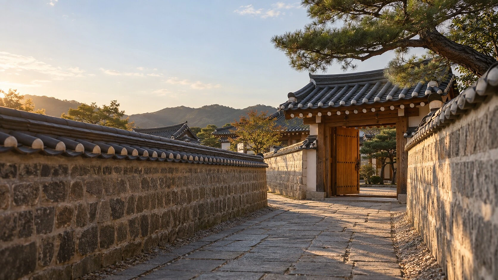 늦은 오후 볕이 드는 태사길 골목과 열린 대문