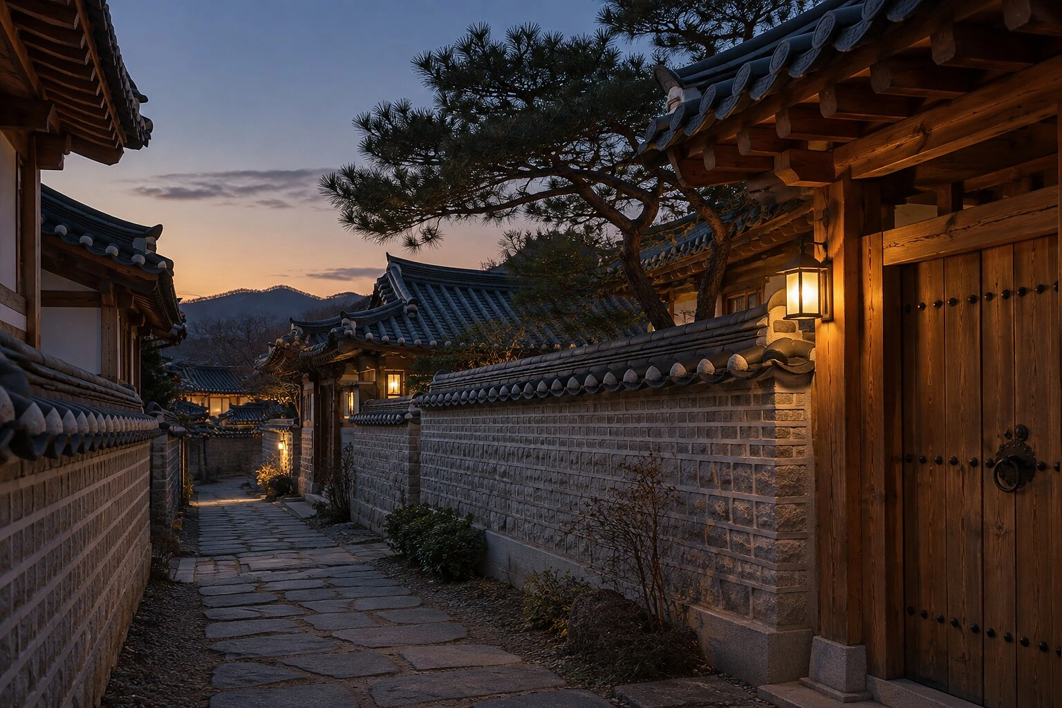 저녁에 불이 켜진 태사길 골목